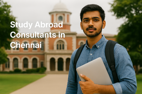 Student holding laptop and backpack in front of heritage-style university campus building, representing study abroad consultancy, academic guidance, and international education opportunities with a clean, premium editorial composition