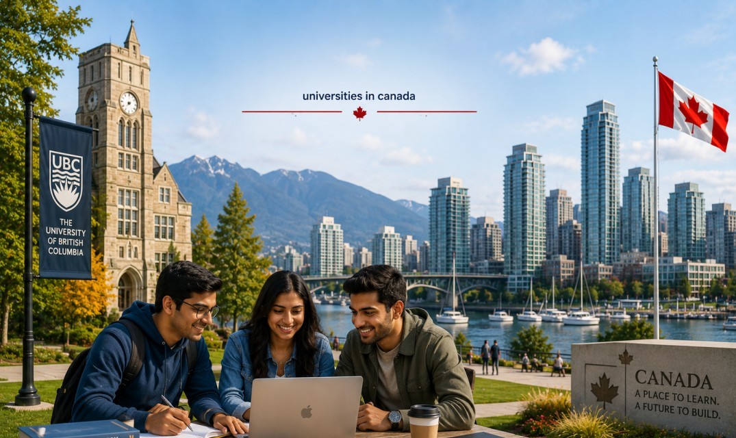 Indian students studying on a modern Canadian university campus with the Vancouver skyline and mountains in the background.