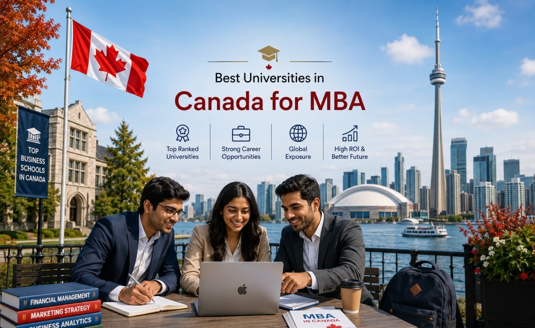 Indian students studying in Toronto, featuring the Canadian flag, skyline, and business education visuals.