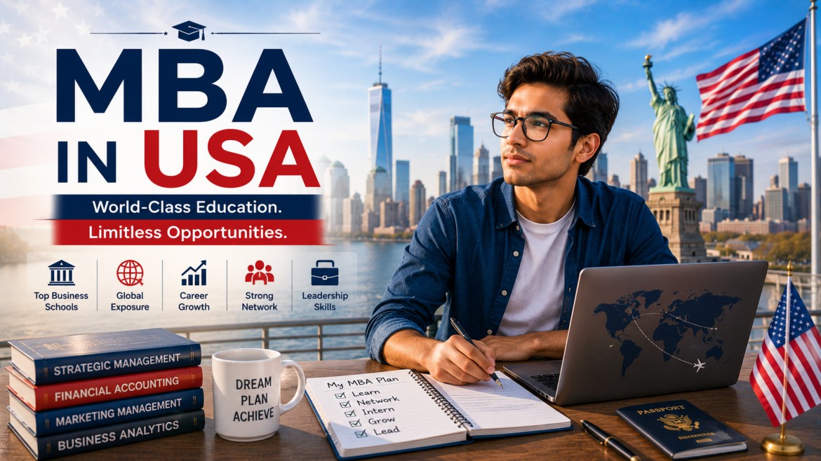 An international student planning a business education journey with a laptop, passport, business books, study planner, and iconic American landmarks in the background, representing global career opportunities and leadership development in the USA.