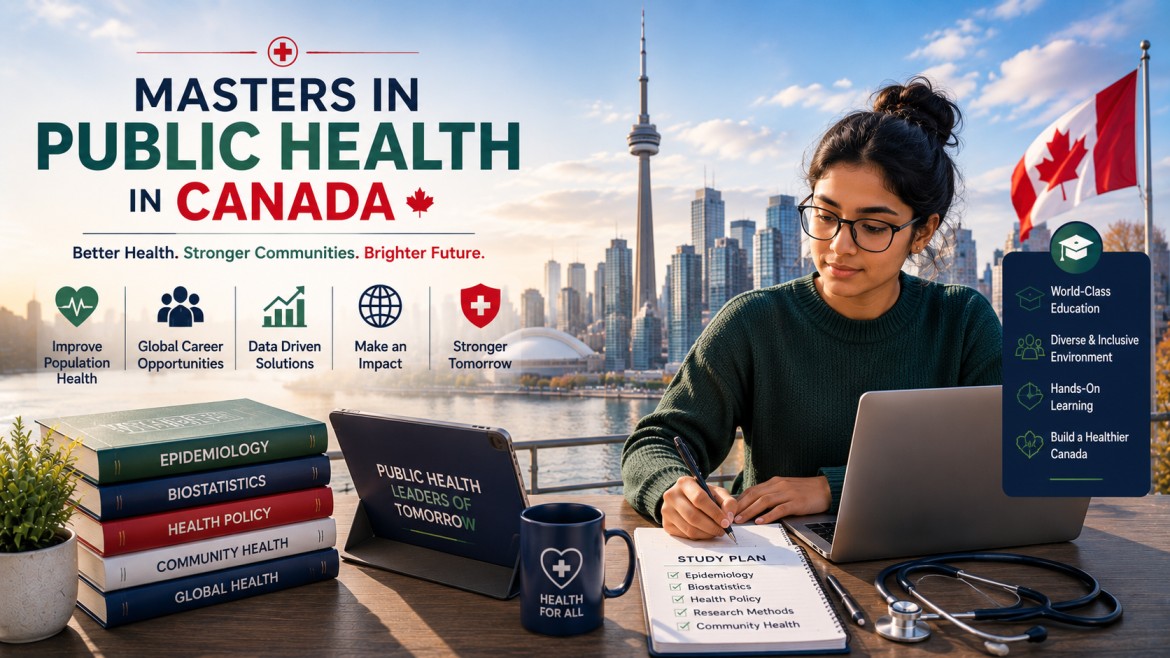 An international student studying with a laptop, public health textbooks, study planner, stethoscope, and Canadian city skyline in the background, highlighting public health education, career opportunities, and community impact in Canada.