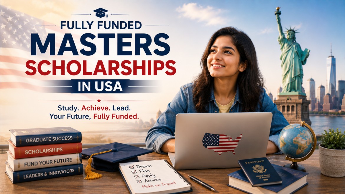 an international student with a laptop, graduation cap, passport, books, and globe, with iconic American landmarks in the background, representing scholarship opportunities, academic excellence, and higher education in the USA.