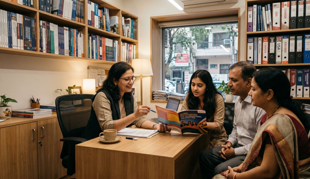 An aspiring student and her family discussing about her academic journey with a consultant in Delhi