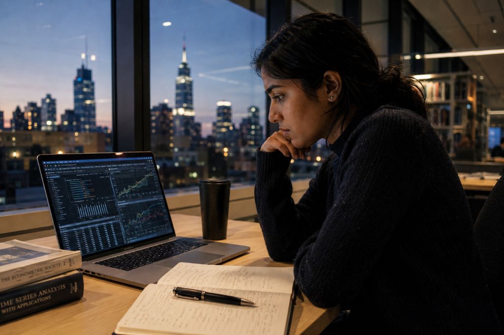 Students analyzing growth trends and is pursuing in his masters in Economics in abroad
