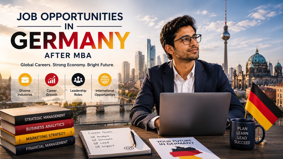 An international MBA graduate working on a laptop with Germany skyline, business and management books, career planning notes, German flag, and professional growth elements representing post-MBA career opportunities in Germany.