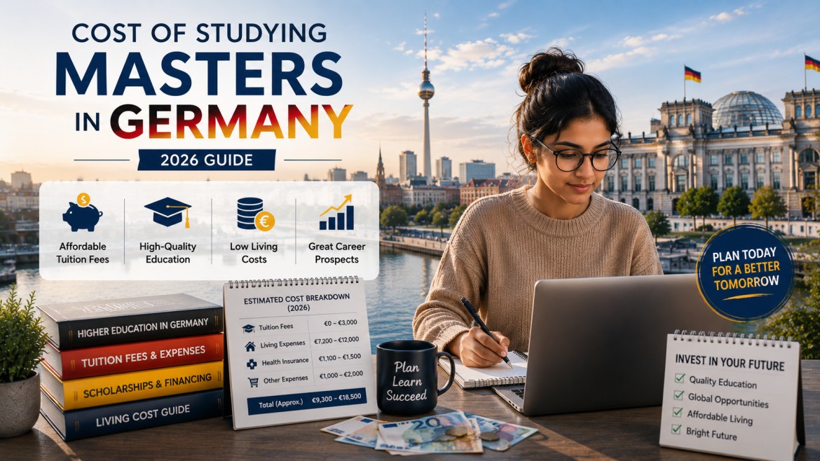 an international student budgeting for postgraduate education with a laptop, cost planner, euro currency, study materials, and iconic German city landmarks in the background, highlighting tuition fees, living expenses, and career opportunities.