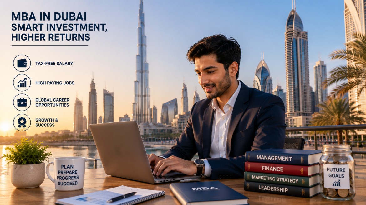 A young business professional working on a laptop with the Dubai skyline in the background, symbolizing global career growth, leadership opportunities, and high-paying MBA jobs in the UAE.