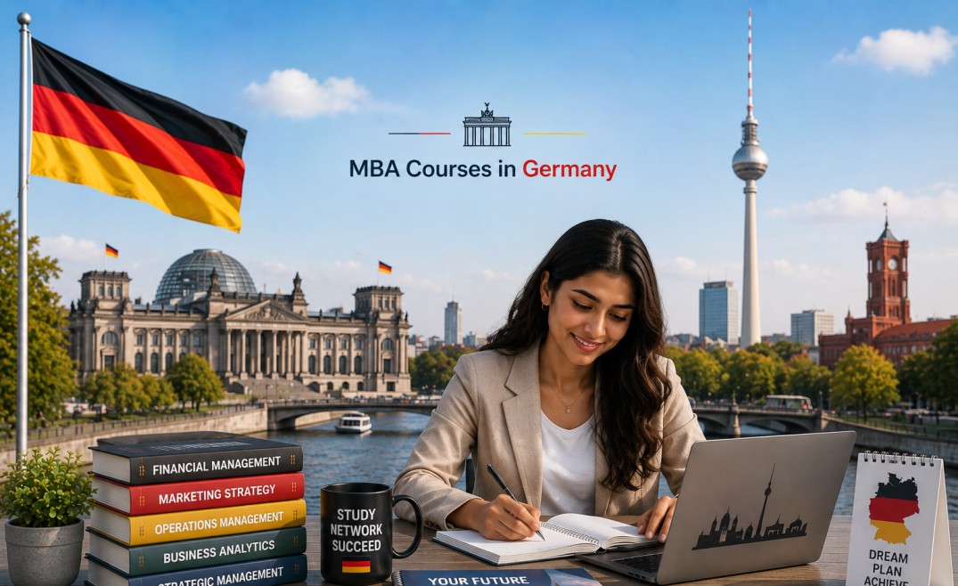 Indian student studying for MBA Courses in Germany with the Berlin skyline, German architecture, and a modern business education setting in the background.