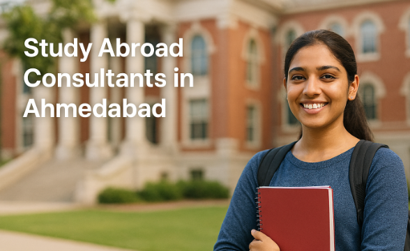 Student holding notebook and backpack in front of university-style campus building, representing guidance for studying abroad, with clean academic environment and space for editorial website hero text.