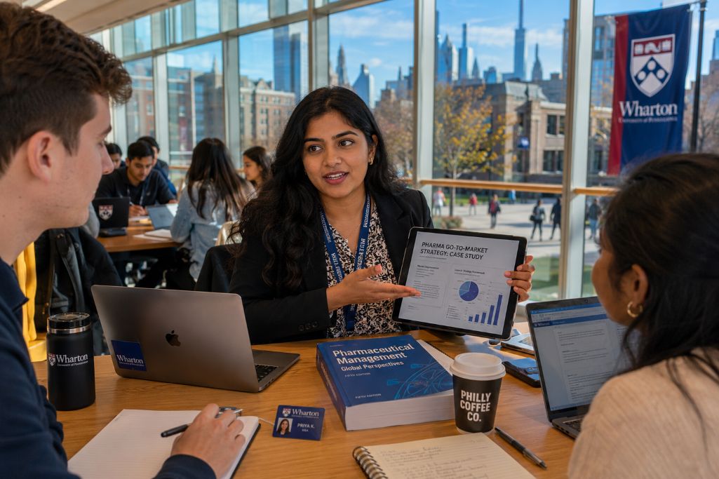 Students preparing for their project on pharmaceutical management while pursuing their MBA in USA