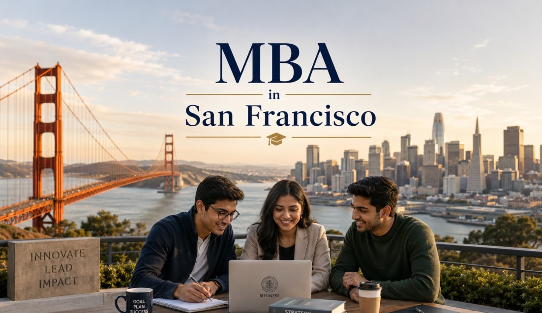 Indian MBA students studying with the San Francisco skyline and Golden Gate Bridge in the background, representing MBA in San Francisco and Silicon Valley business education opportunities.