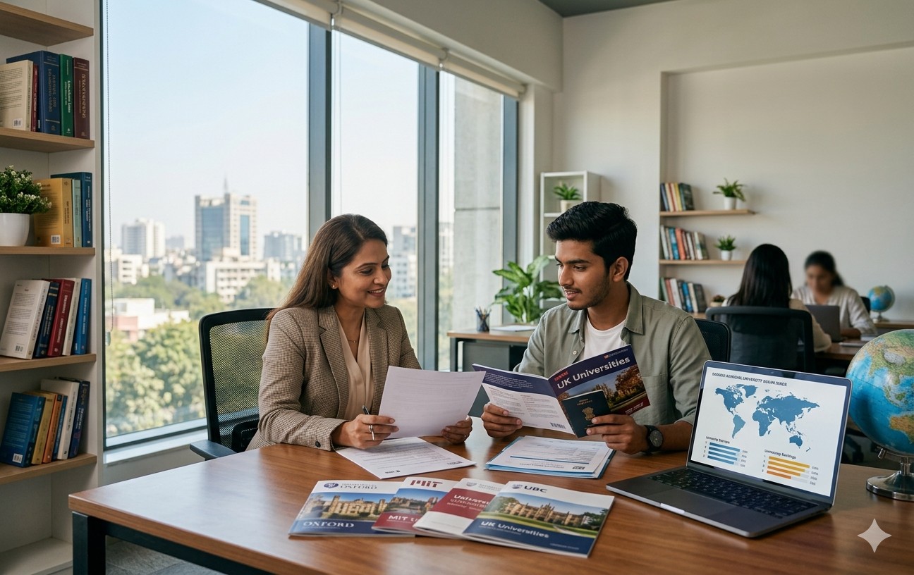 A professional consultant and Indian student reviewing university materials in a Pune office.