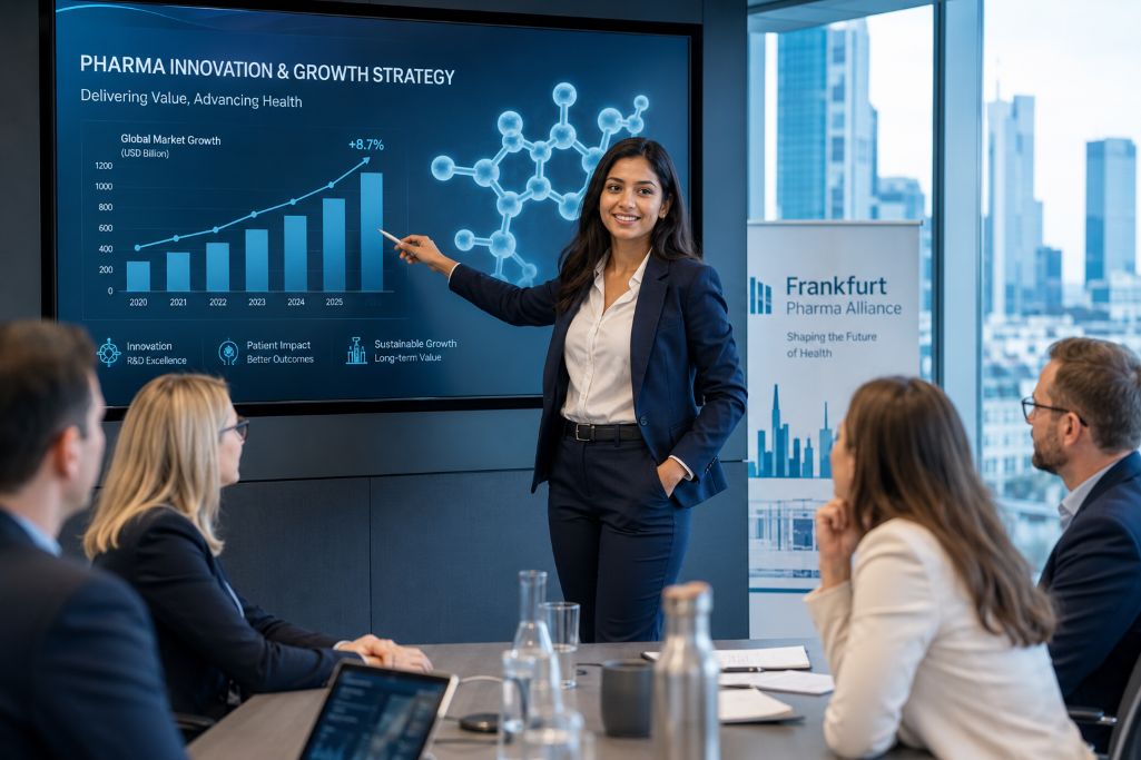 Student addressing the her collegues while giving presentation on Pharmaceutical Management in Frankfurt Germany