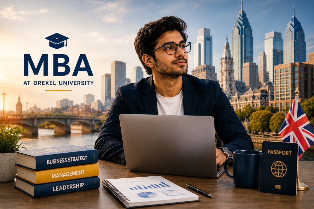 An international student with a laptop, business books, passport, charts, and a city skyline background, representing MBA planning, ROI, and career growth.