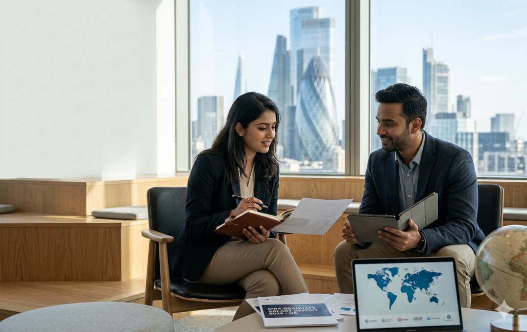 A cinematic hero image showing two professional Indian students discussing career and salary reports in a sunlit London corporate office with a skyline view of modern UK architecture through a window.