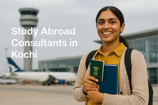 Student holding passport and documents at an international airport terminal, with airplane and control tower in background, representing study abroad guidance, global mobility, and overseas education consultancy services.