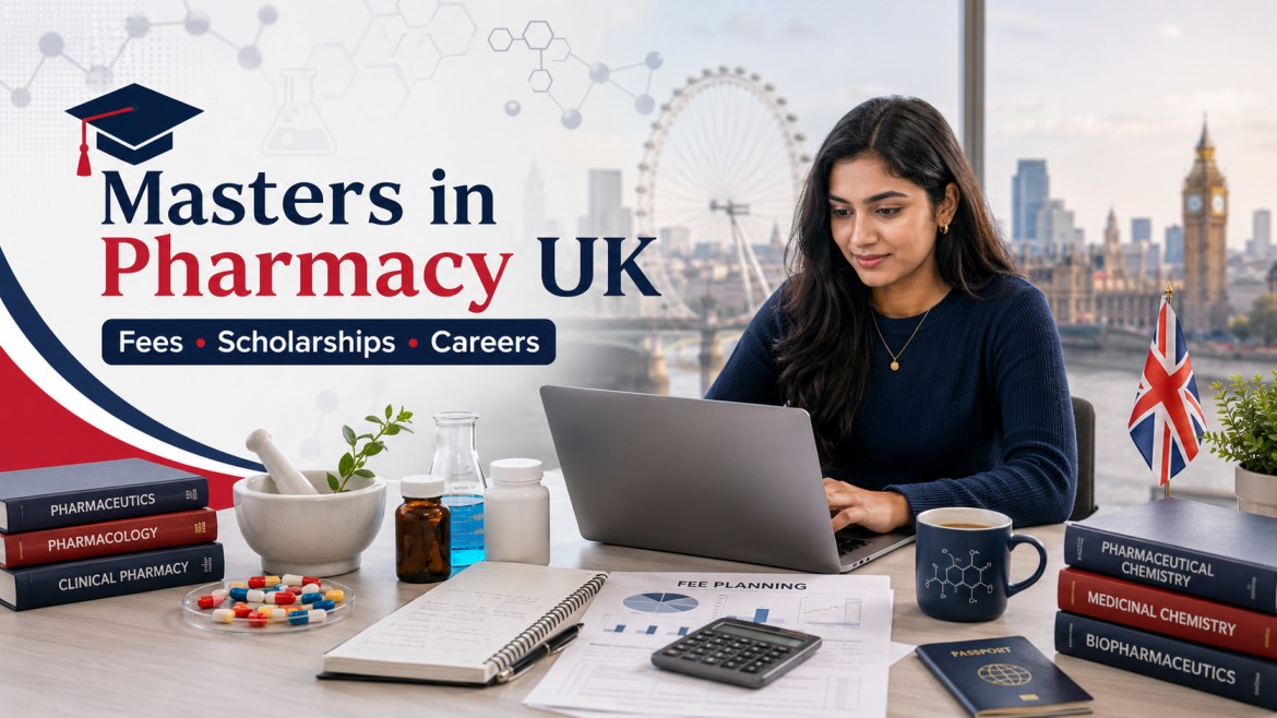 An international student planning pharmacy studies with a laptop, fee planning sheet, calculator, passport, medicine bottles, lab glassware, pharmacy books, and London skyline in the background.