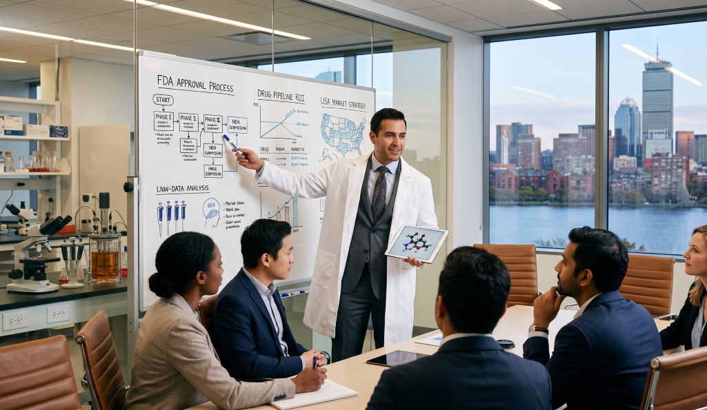 Professor teaching students pursuing MBA in Pharmaceutical Management in USA
