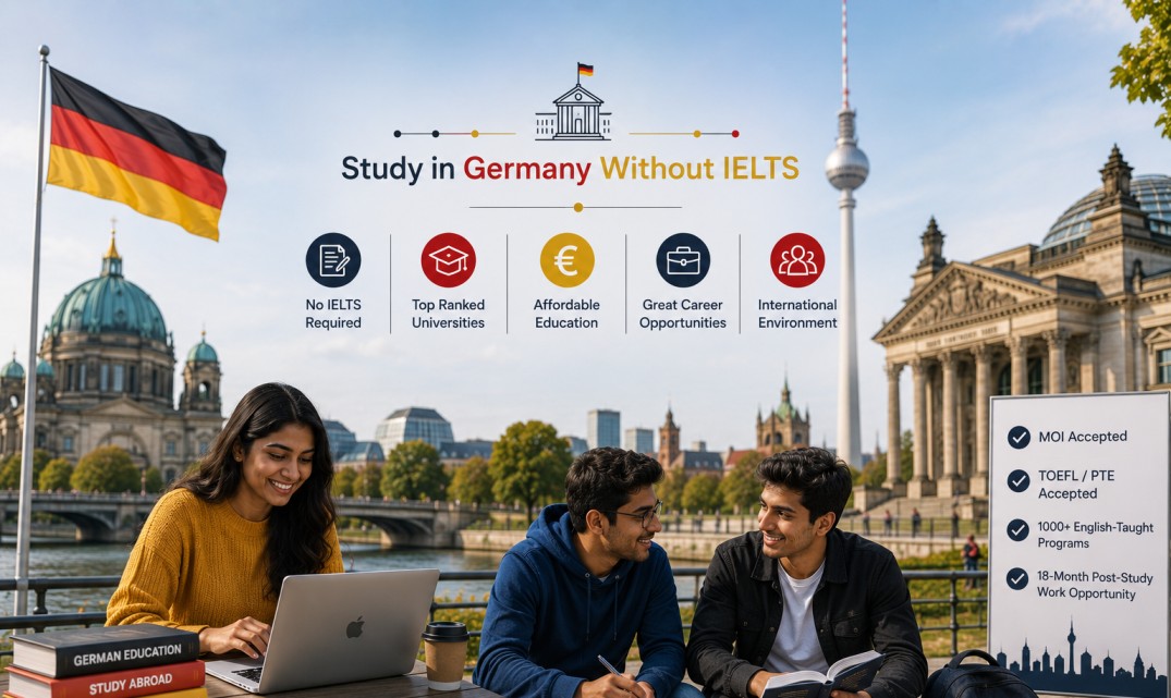 Indian students studying on a German university campus with iconic Berlin architecture, representing Study in Germany Without IELTS for international students.