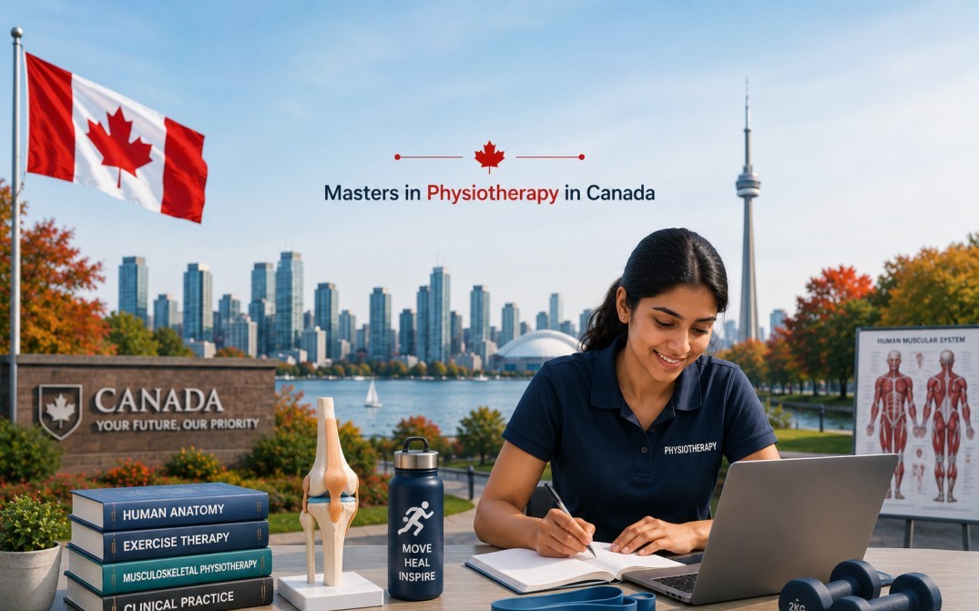 An Indian physiotherapy student studying with a modern Canadian university campus, Toronto skyline, anatomy model, and rehabilitation equipment.