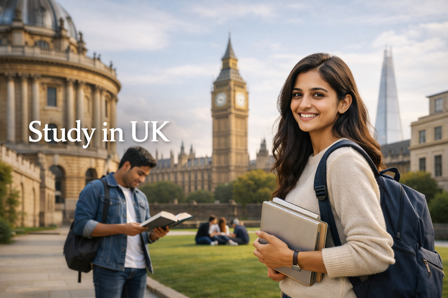 A young South Asian woman stands smiling on a university campus in London, holding books and a laptop with a backpack on her shoulder. Behind her, a South Asian man reads a book near iconic landmarks including Big Ben, the Radcliffe Camera, and The Shard. The text “Study in UK” appears beside her in white, elegant lettering.
