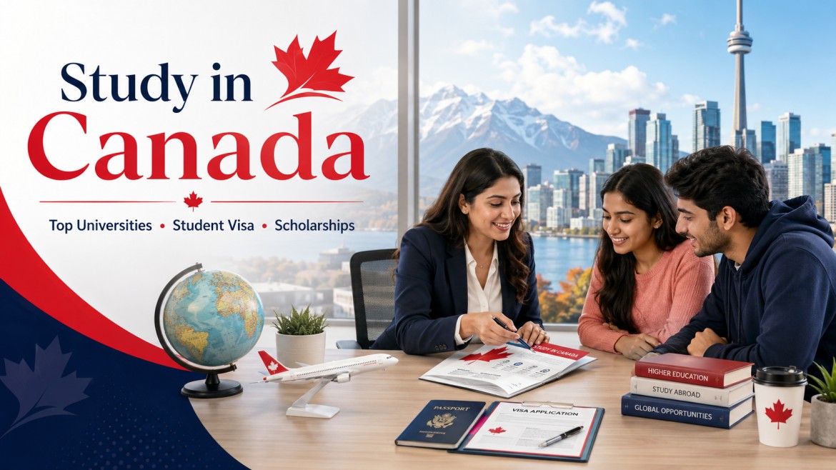 A consultant guiding Indian students with visa documents, application forms, books, globe, airplane model, and Canadian city skyline with mountains in the background.
