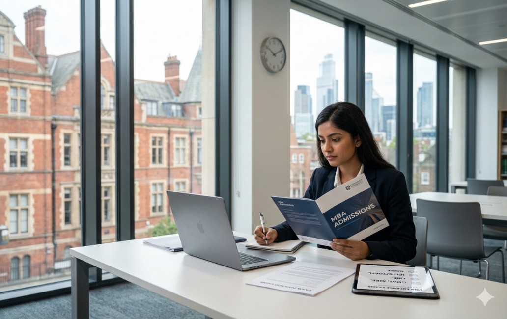 An Indian female student in a dark blazer reviews an "MBA Admissions" brochure at a white desk in a modern UK university study space, with a laptop and a tablet displaying entrance exam options like GMAT and GRE beside her.