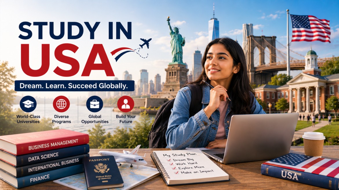 An international student using a laptop with a passport, study planner, books, airplane model, and iconic American landmarks in the background, representing higher education opportunities, global learning, and career growth in the USA.