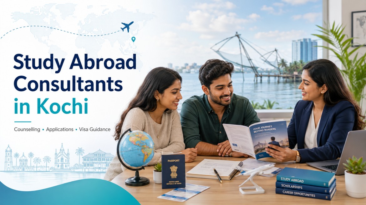 A consultant guiding two Indian students with applications and visa documents, with a globe, passport, airplane model, and Kochi waterfront in the background.