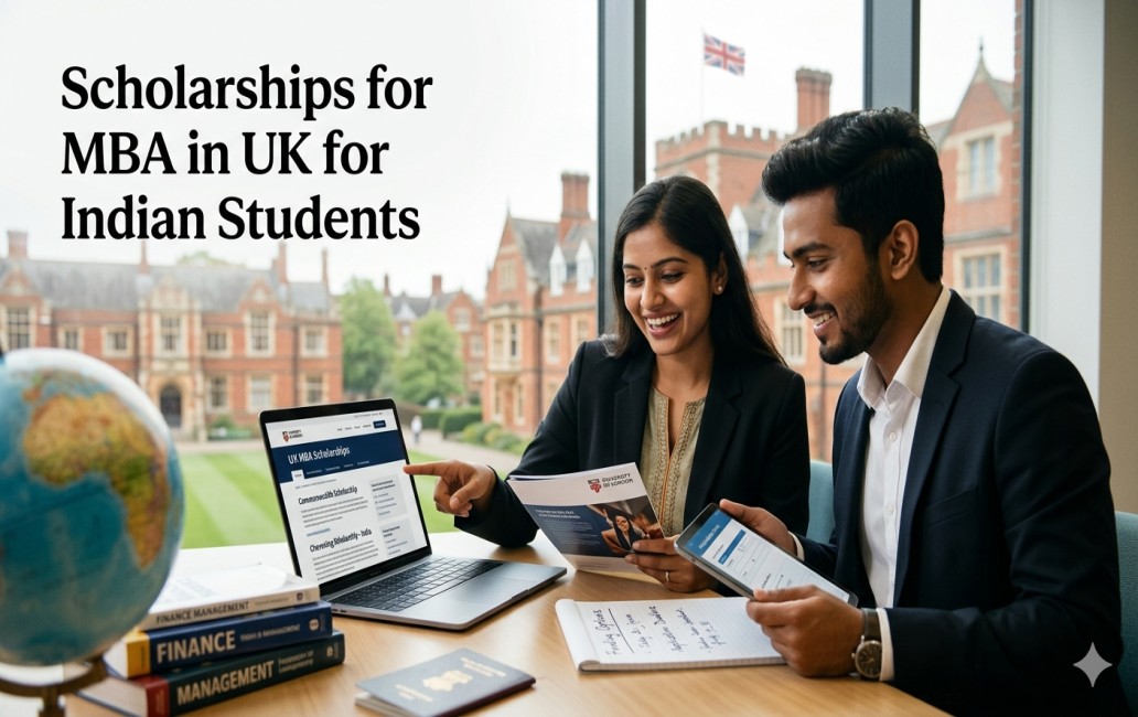 Two Indian students in business attire collaborate at a modern study desk. The woman, with a determined expression, points at a laptop screen which displays the text: 'Scholarship Opportunities for Indian Students - Commonwealth and Chevening'. The man holds a tablet with an application form, a pen in hand over a notepad. The desk holds a globe, books on 'Finance Management' and 'Global Business', and an Indian passport. A large window behind them reveals a classic British red-brick university campus under natural light.