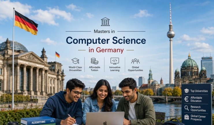Indian students studying in Berlin, featuring German landmarks, coding books, and tech education visuals.
