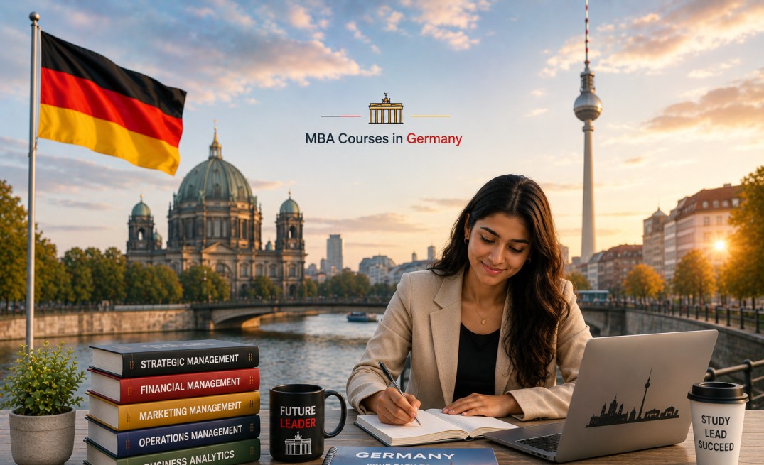 an Indian student studying with Berlin landmarks, a modern business study setup, and a German university-inspired background.