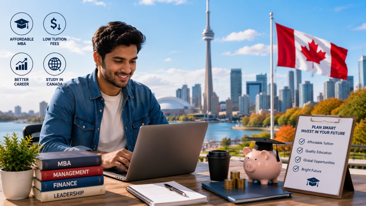 an international student studying on a laptop with business books, a graduation cap, savings jar, and the Canadian skyline in the background, representing affordable MBA education, smart financial planning, and global career opportunities in Canada.