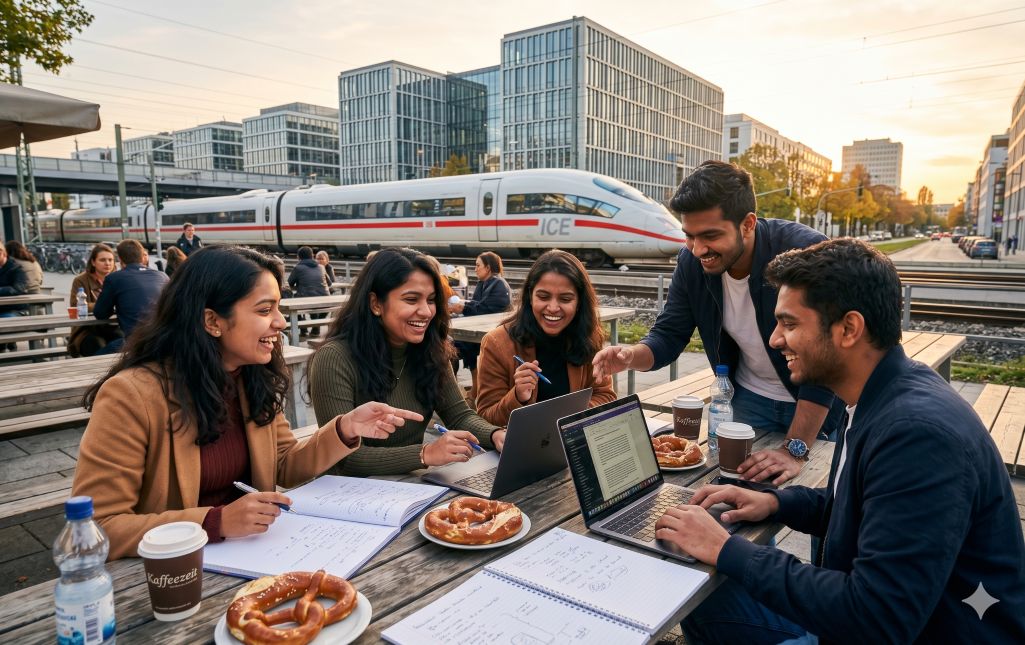 Students studying together in a college campus in Germany
