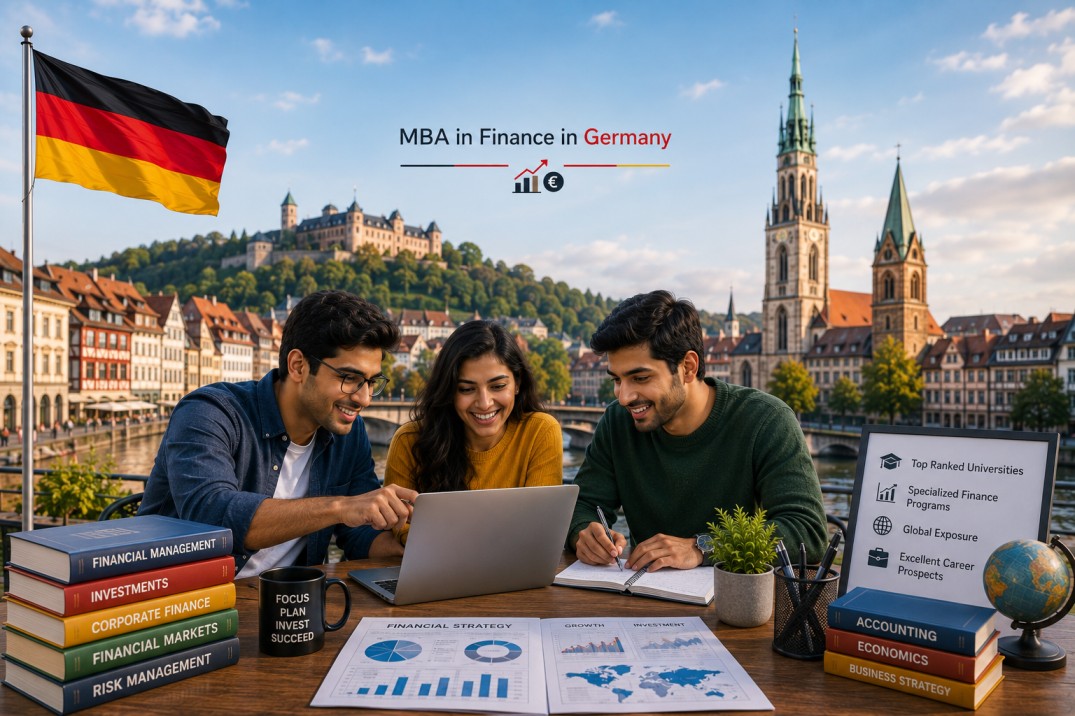 Indian students studying an MBA in Finance in Germany with Frankfurt skyline, finance books, investment charts, laptop, and German flag.