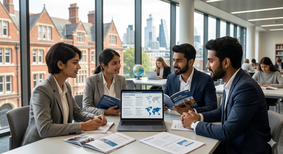 Four varied Indian students in smart business casual attire are seated at a modern desk in a well-lit university common area, actively discussing and reviewing options on a laptop screen that is clearly titled 'UK universities' and displaying a world map. Documents like 'Course Information' and brochures are spread on the table, along with a globe and blurred figures of other students in the background. Large windows behind them reveal a view blending traditional red-brick UK university buildings and a contemporary city skyline under natural daylight. A professional, trustworthy editorial scene.