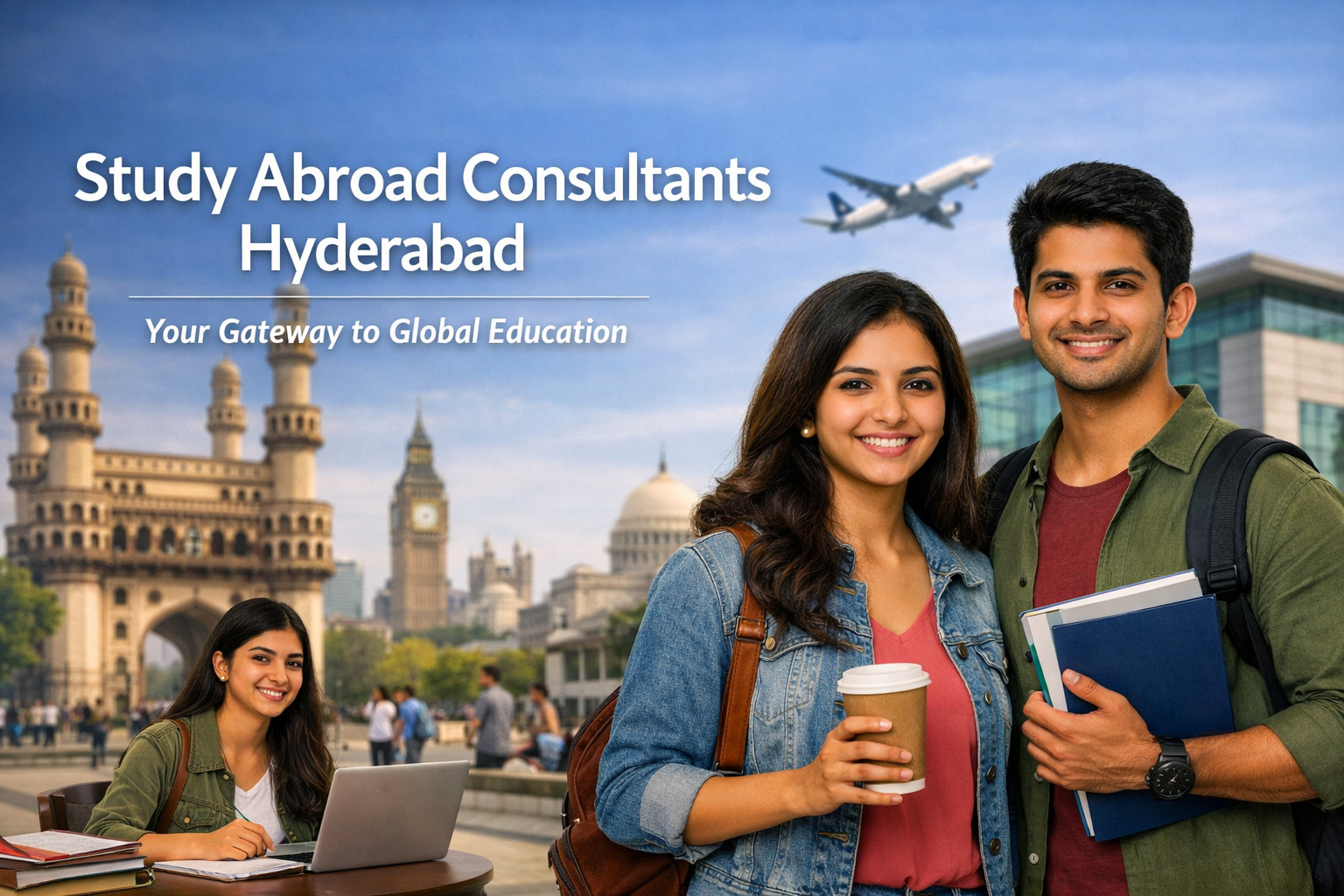 Indian students smiling outdoors with Hyderabad’s Charminar and modern university buildings in the background, symbolizing study abroad opportunities and global education connections from Hyderabad.