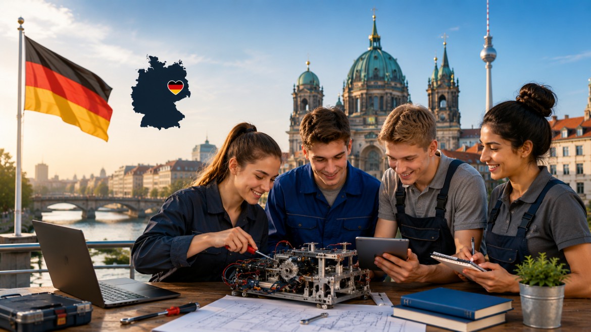 a diverse group of international students and trainees collaborating on a practical technical project with tools, a laptop, and study materials, set against iconic German landmarks, representing hands-on vocational training, skill development, and career opportunities in Germany.