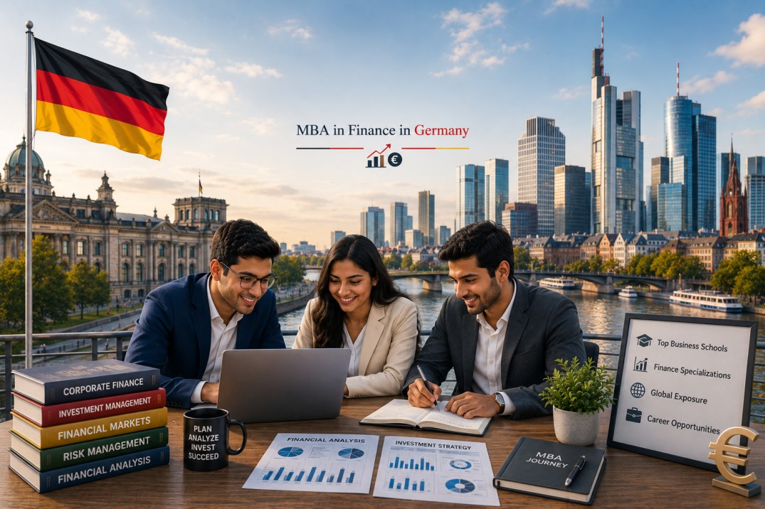 Indian students studying an MBA in Finance in Germany with Frankfurt skyline, finance books, investment charts, laptop, and German flag.