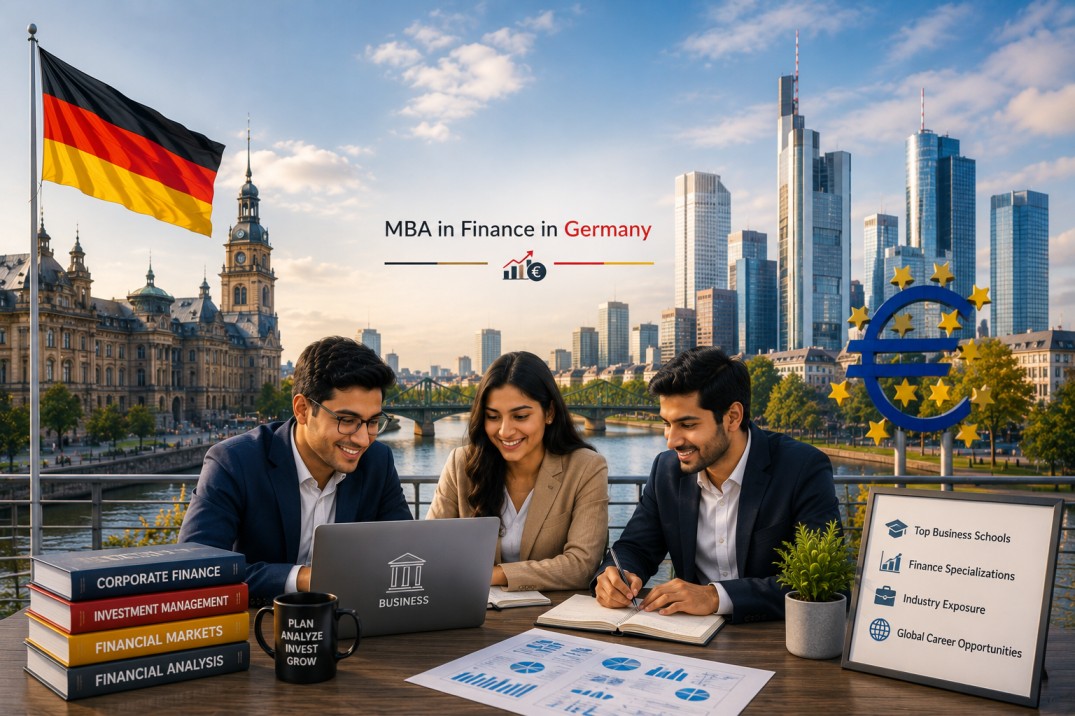 Indian students studying MBA in finance in Germany with Frankfurt skyline, Euro symbol, finance books, laptop, and business charts.